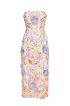 Strapless Pastel 3D Floral Applique Mesh Midi Dress