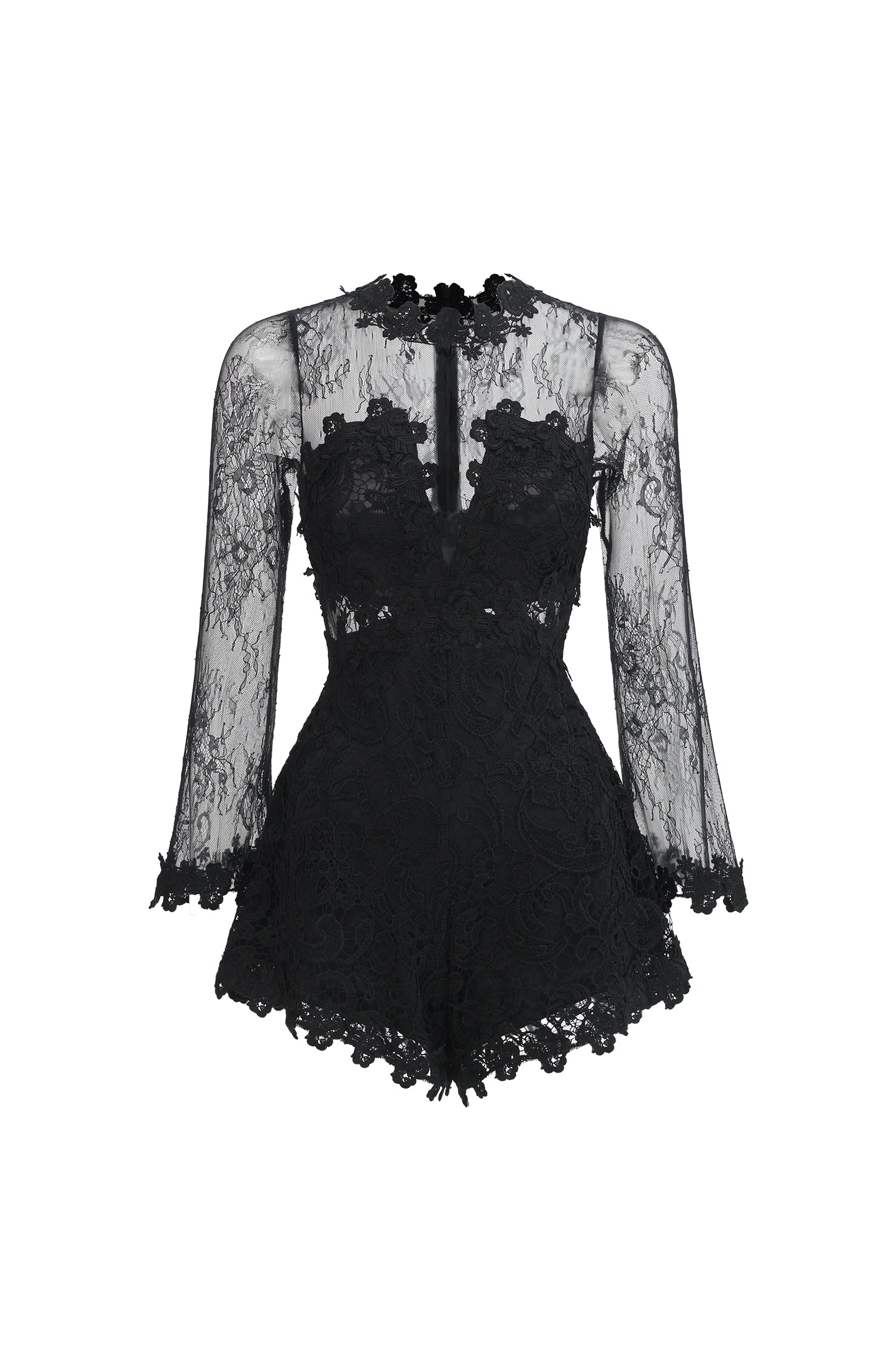 Sheer Lace Long Sleeve Skort Romper