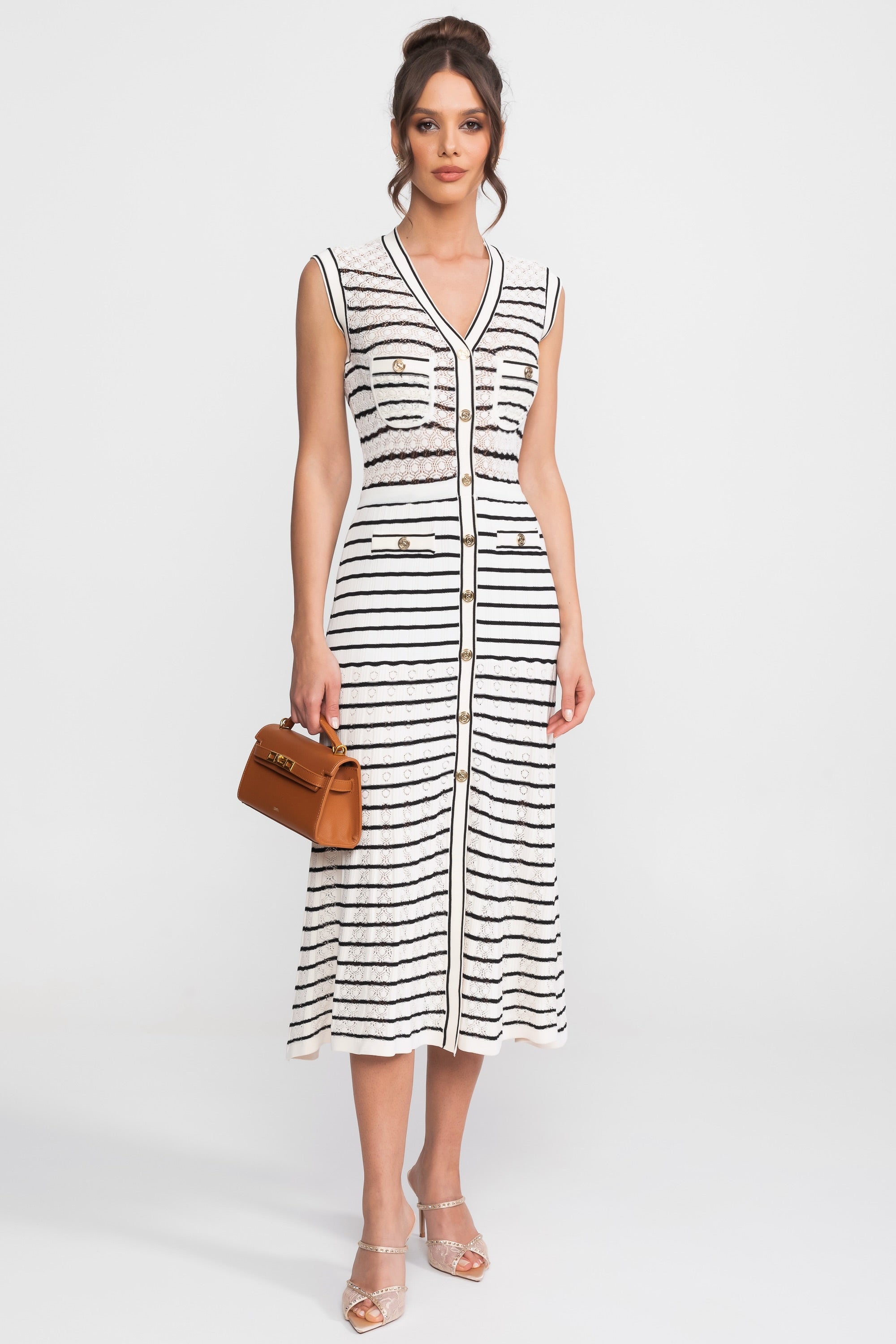Flowering Girl Women Striped Sleeveless Knit Midi Dress With V-Neck And Gold Buttons - White/Black