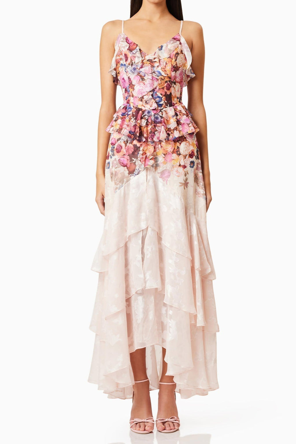 Perla Irregular floral print maxi dress in pink red