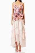 Perla Irregular floral print maxi dress in pink red