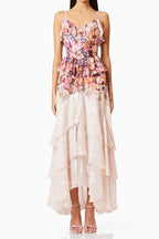 Perla Irregular floral print maxi dress in pink red