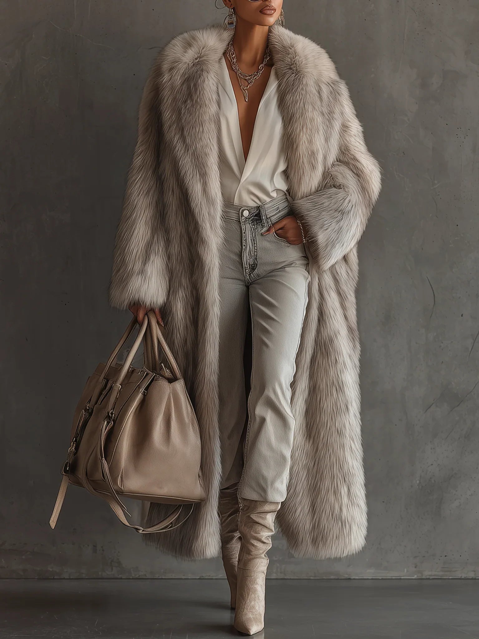Flowering Girl Women Gray Gradient Faux Fox Fur Eco Friendly Coat