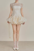 kelly sequin lace puffy mini dress in white