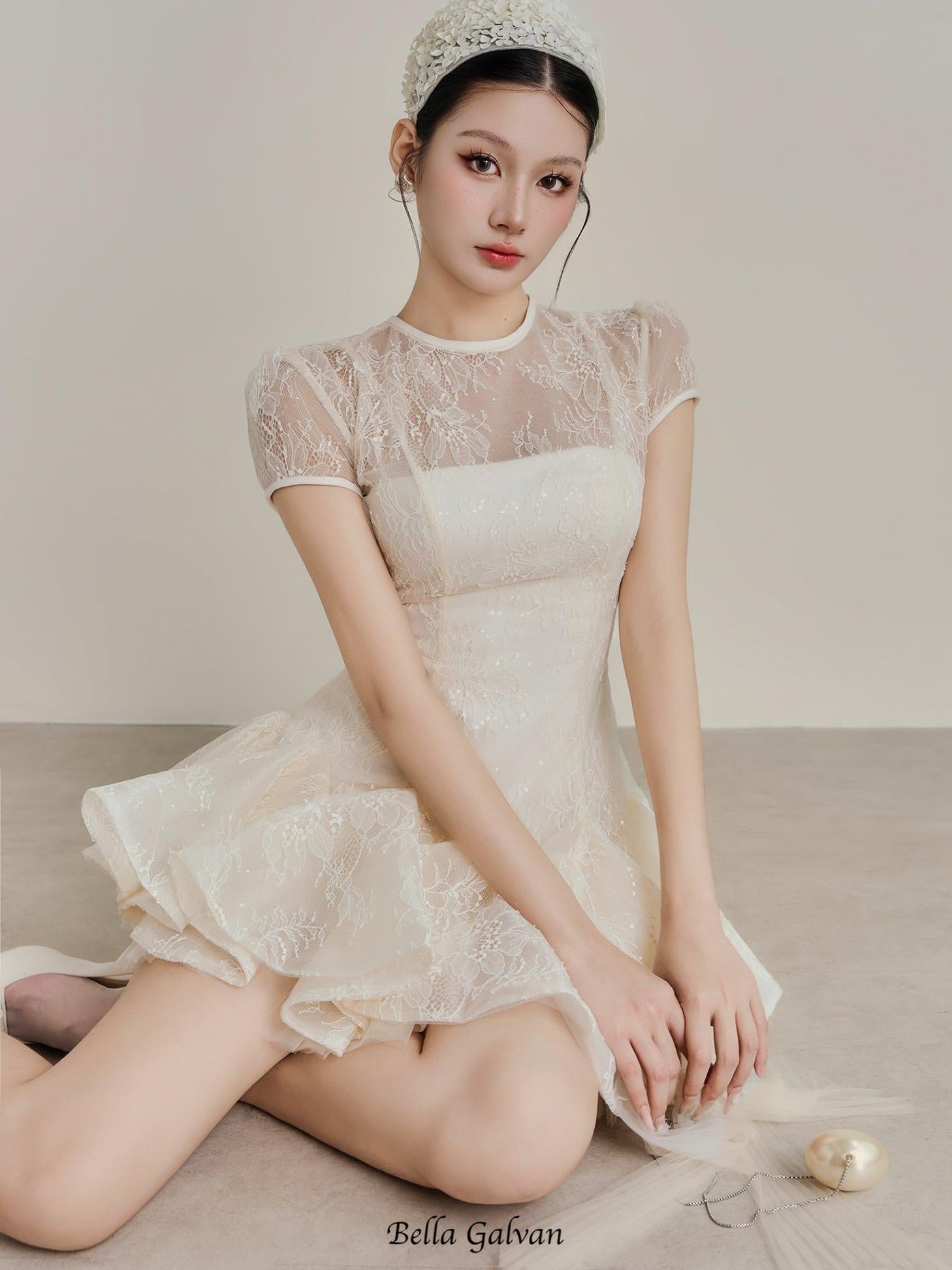 kelly sequin lace puffy mini dress in white
