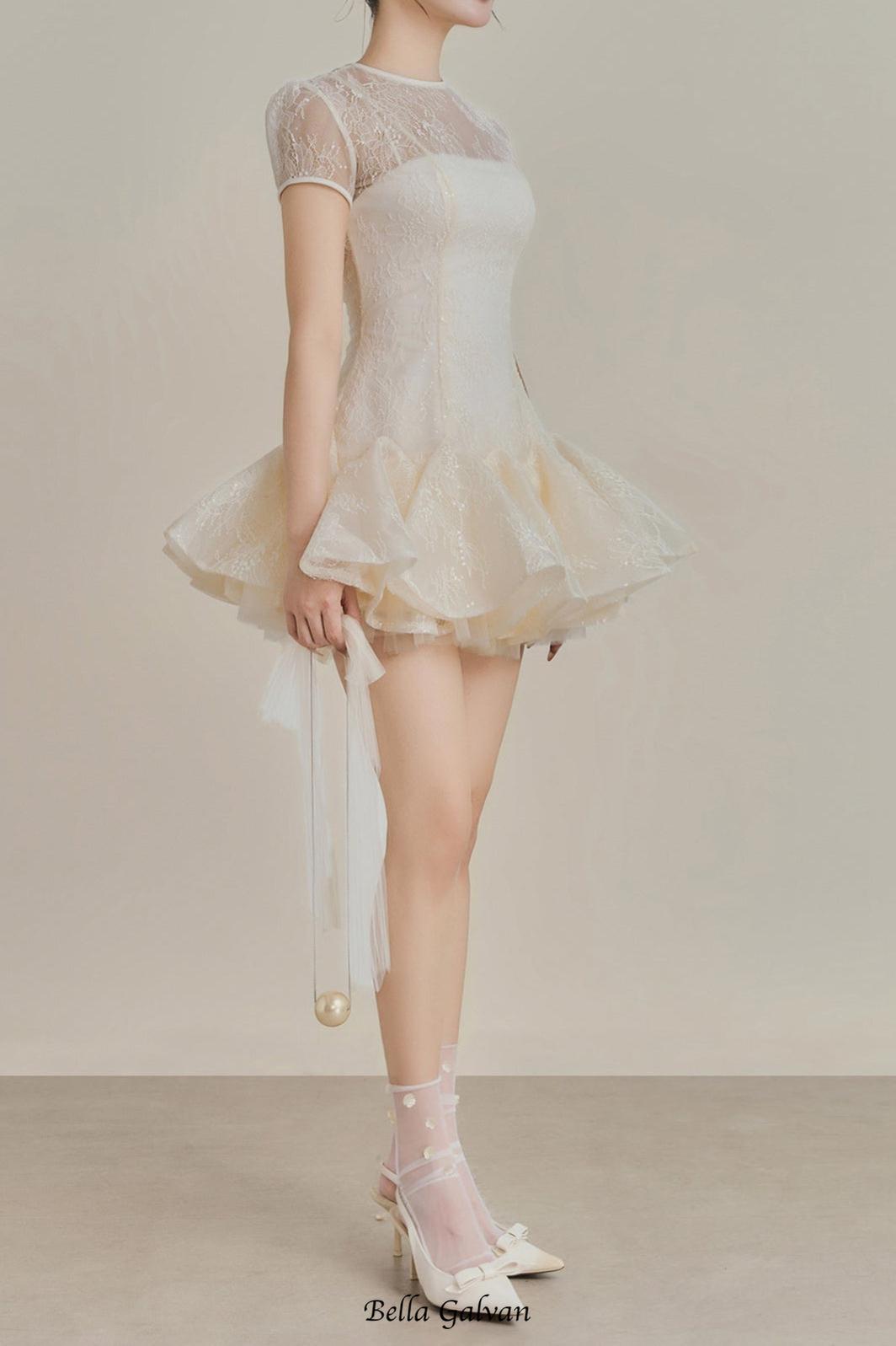 kelly sequin lace puffy mini dress in white