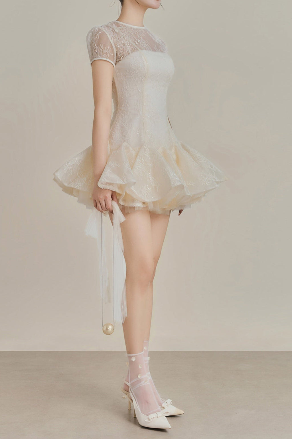 Flowering Girl Women Kelly Sequin Lace Puffy Mini Dress In White