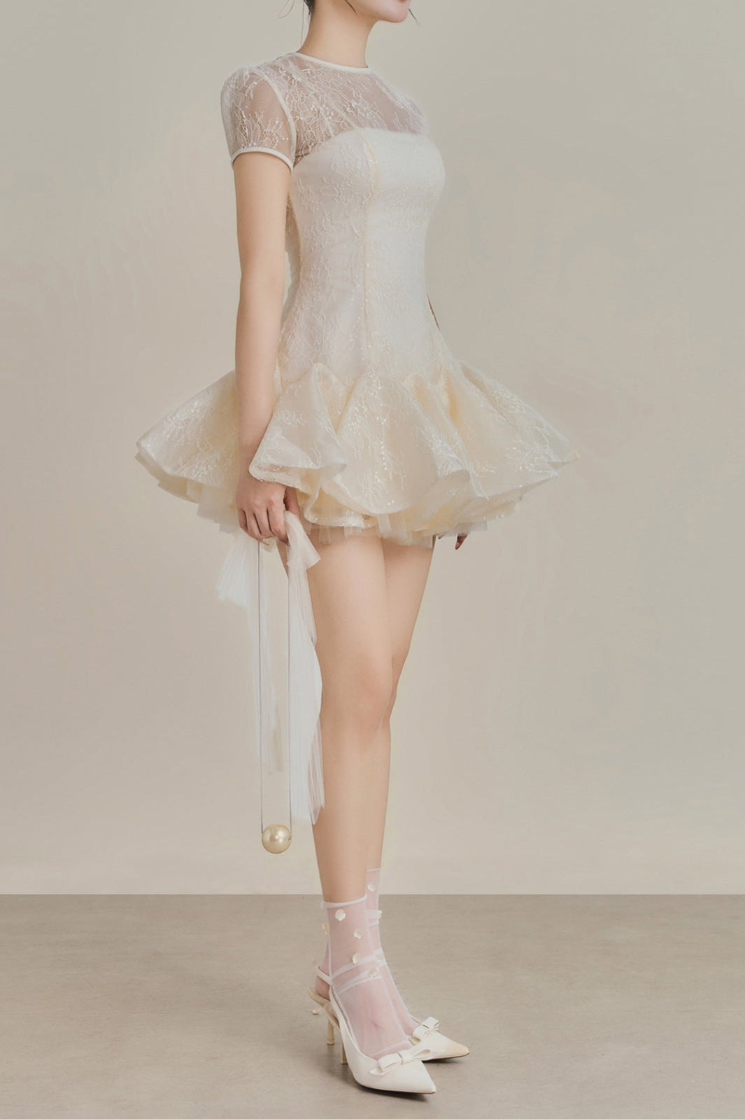 Flowering Girl Women Kelly Sequin Lace Puffy Mini Dress In White