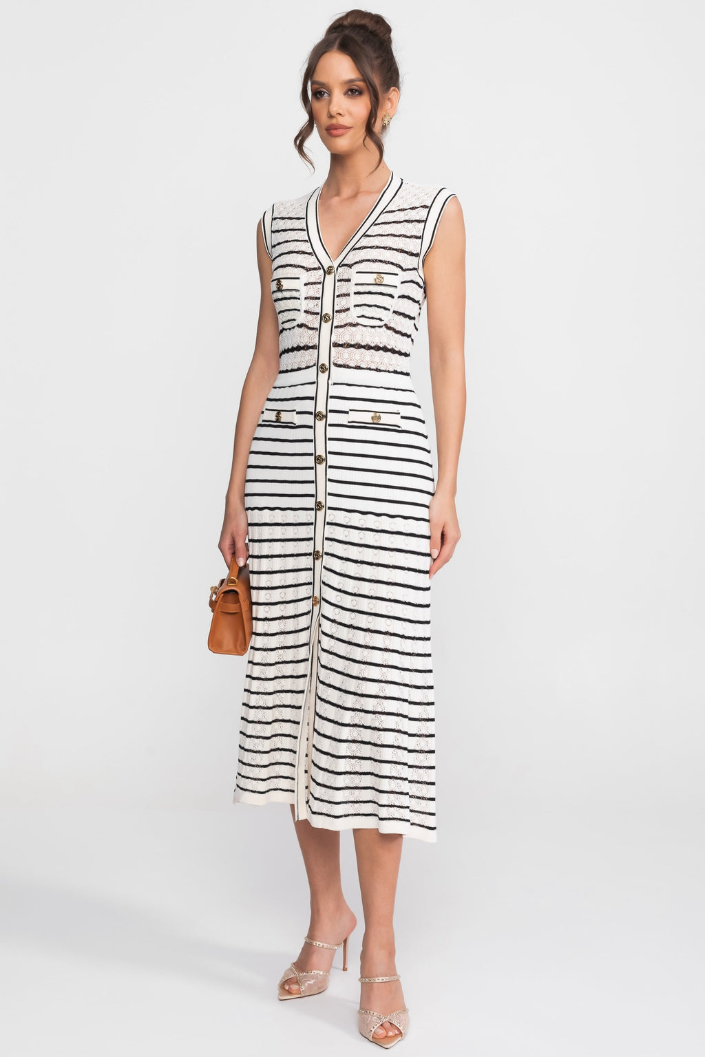 Flowering Girl Women Striped Sleeveless Knit Midi Dress With V-Neck And Gold Buttons - White/Black