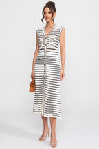 Flowering Girl Women Striped Sleeveless Knit Midi Dress With V-Neck And Gold Buttons - White/Black