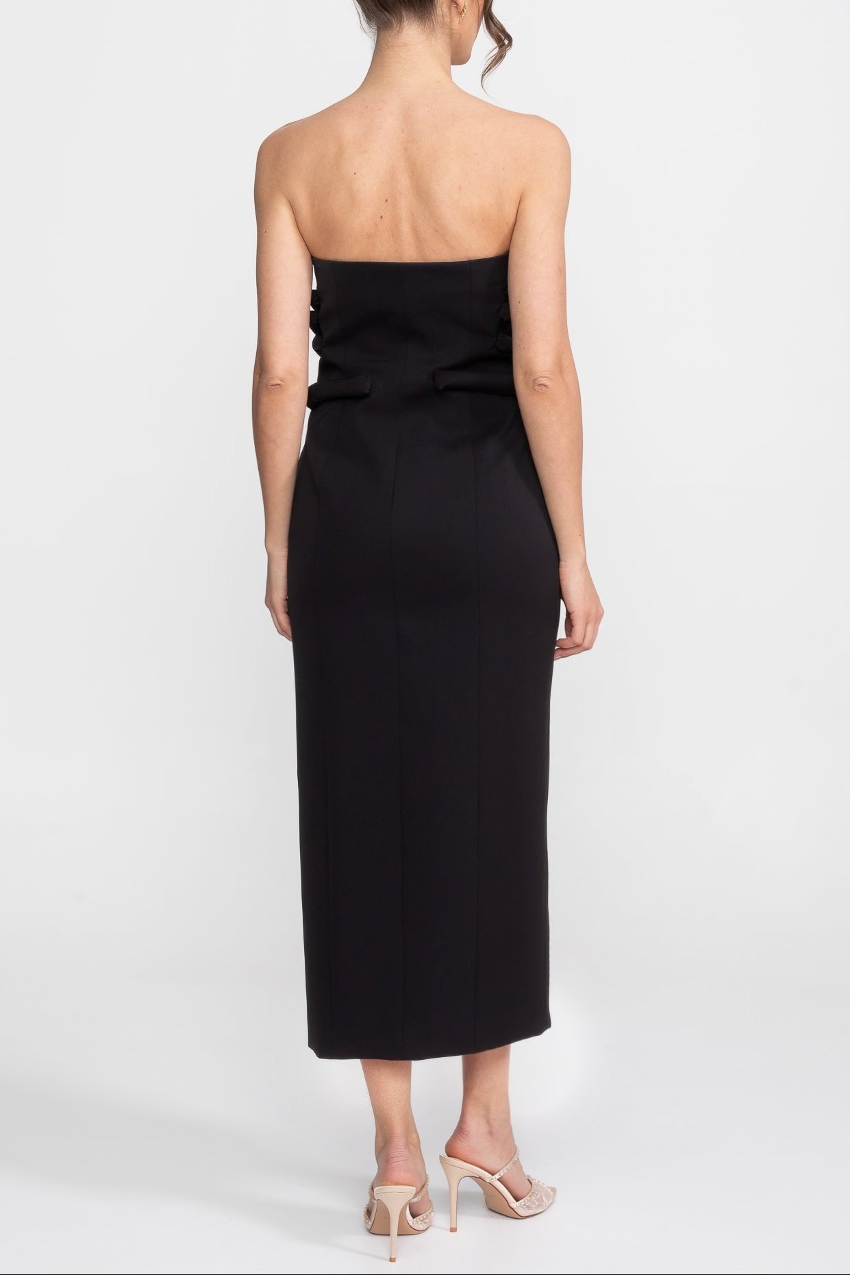 Flowering Girl Women Black Midi Dress With Sculptural Knotted Bodice Detail And Jewel Buttons - Black