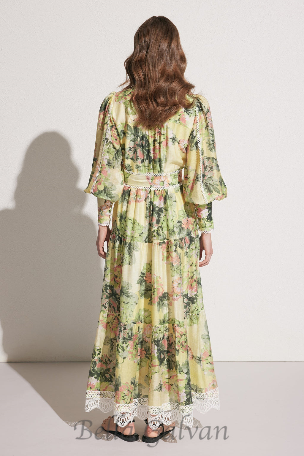 Flowering Girl Women multicolor Floral Print Lace Trim Maxi Dress
