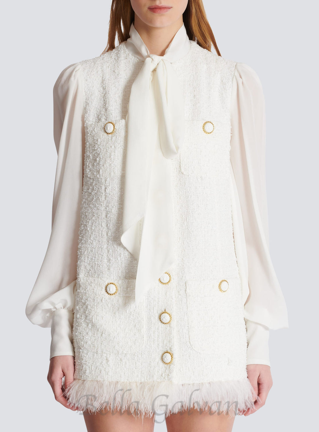 Flowering Girl Women Tweed mini dress with pussy-bow collar in white