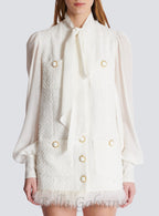 Flowering Girl Women Tweed mini dress with pussy-bow collar in white