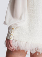 Flowering Girl Women Tweed mini dress with pussy-bow collar in white