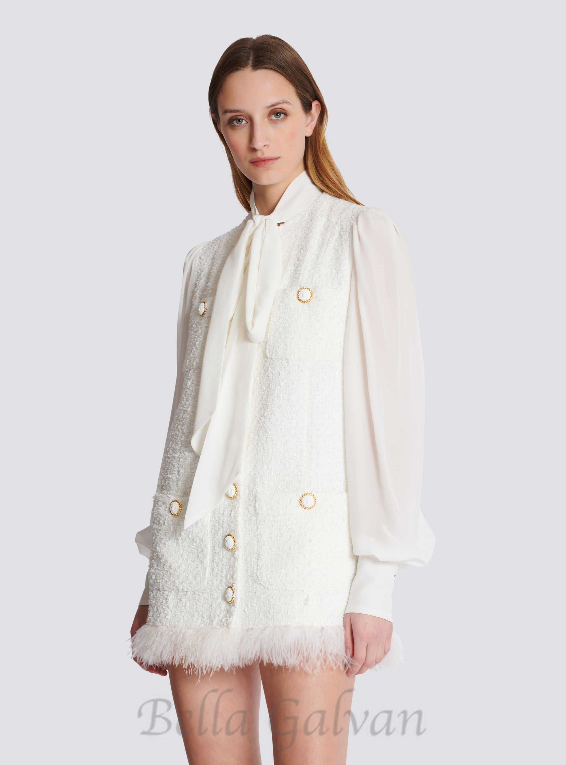 Flowering Girl Women Tweed mini dress with pussy-bow collar in white