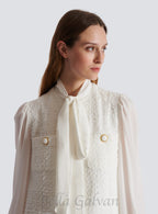 Flowering Girl Women Tweed mini dress with pussy-bow collar in white