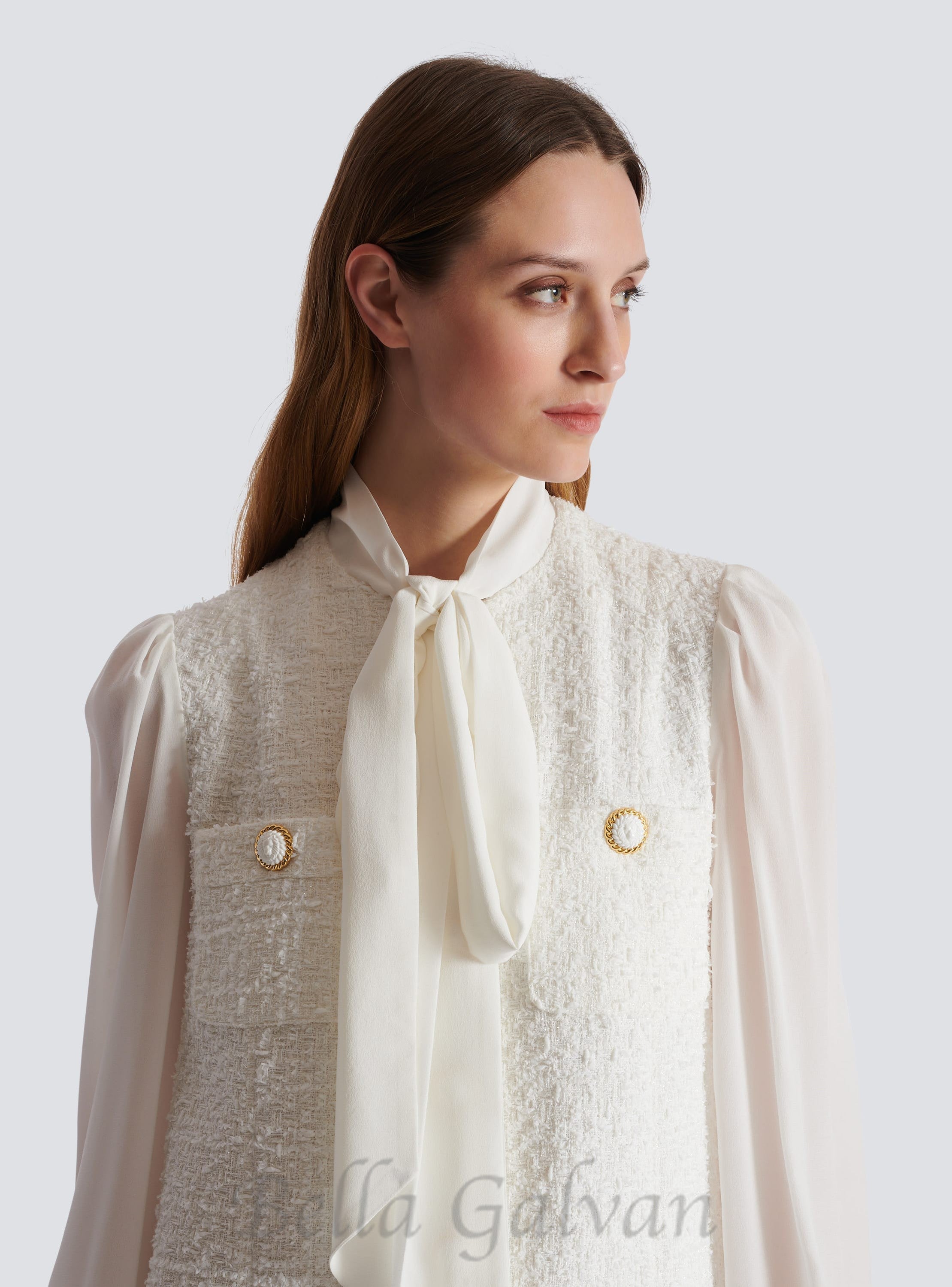 Flowering Girl Women Tweed mini dress with pussy-bow collar in white