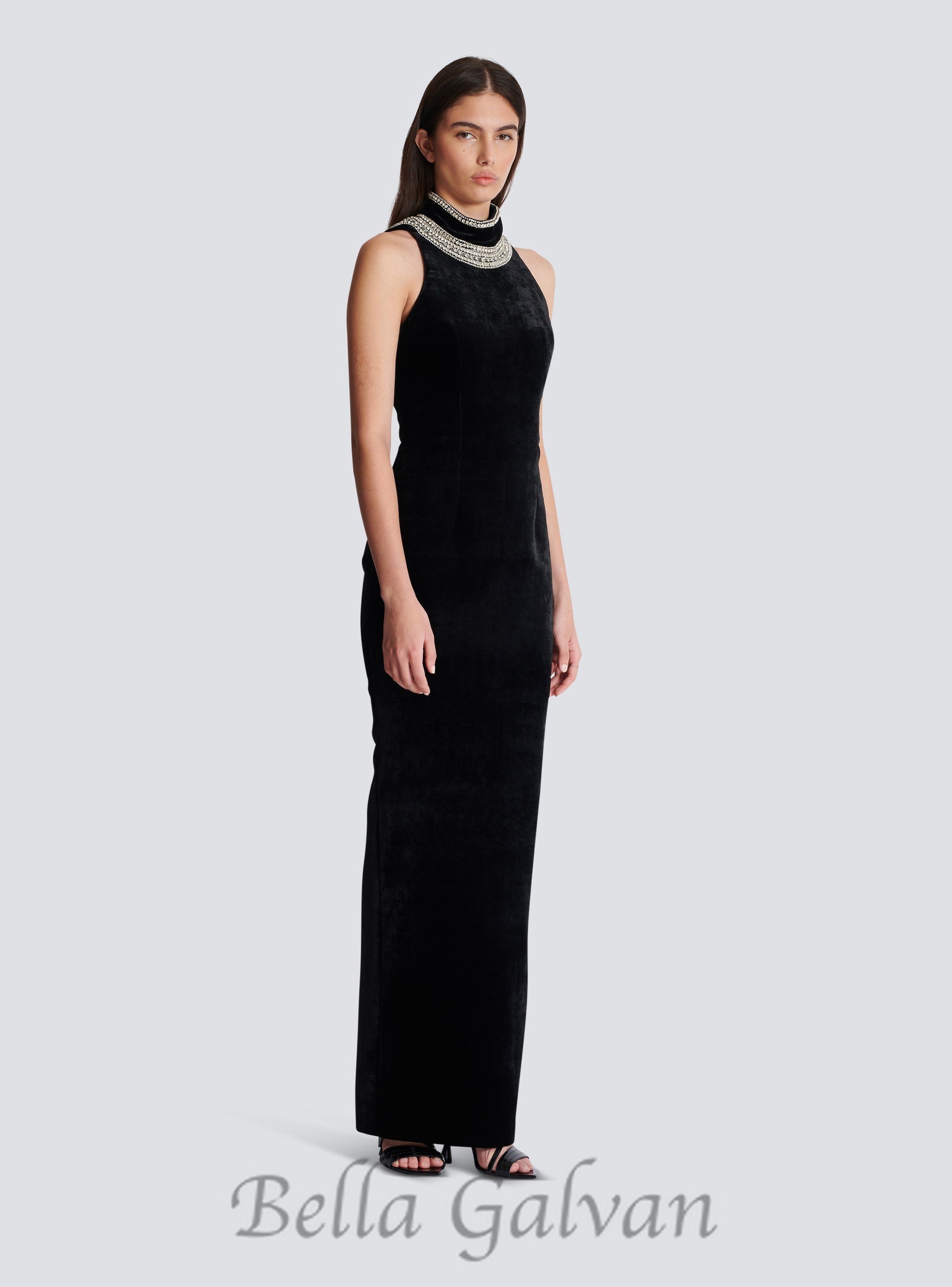 Flowering Girl Women embroidered velvet halterneck maxi dress in black