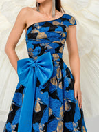 Flowering Girl Women Pleated Jacquard Bow Floral A-line Dress