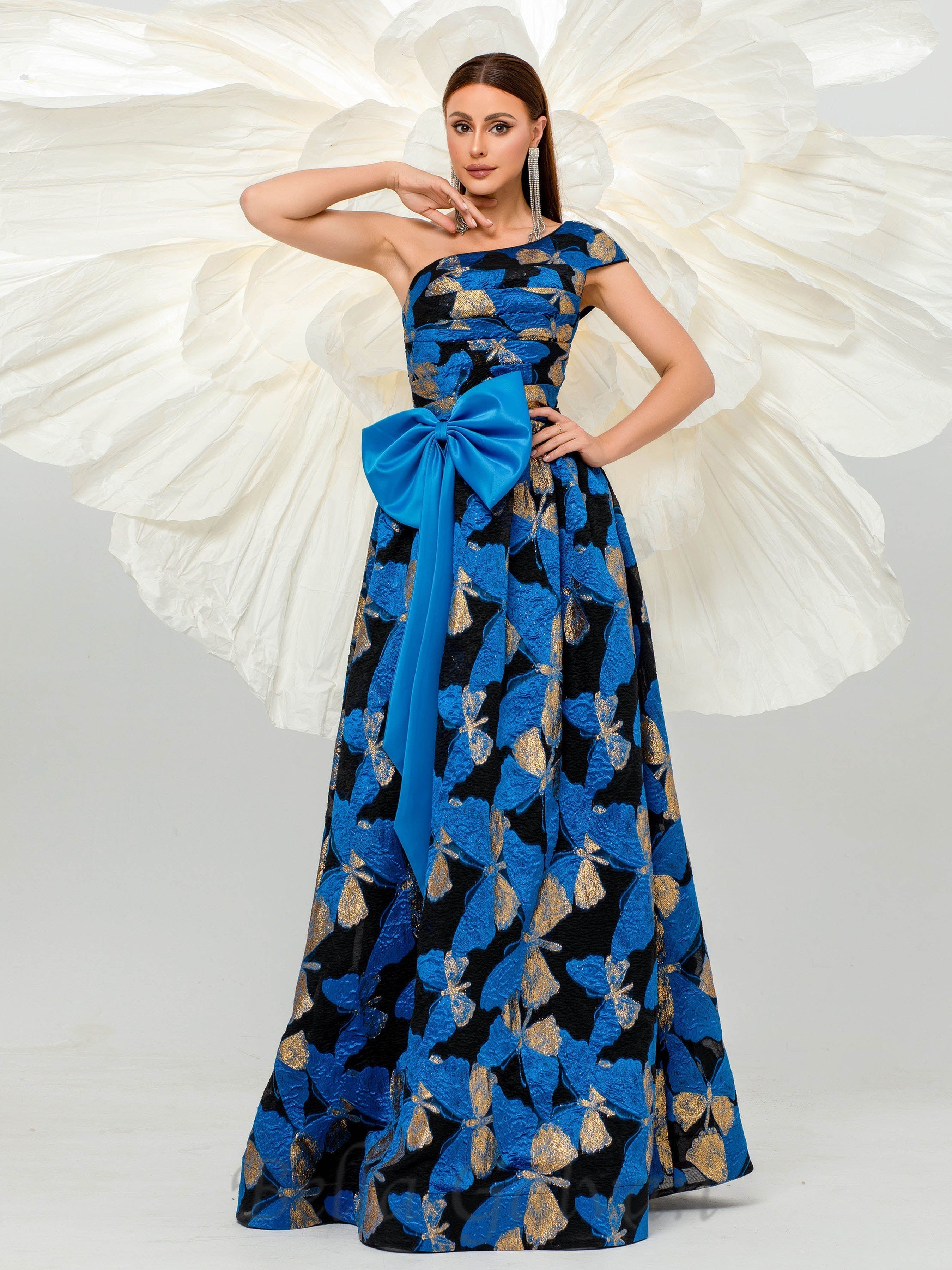 Flowering Girl Women Pleated Jacquard Bow Floral A-line Dress