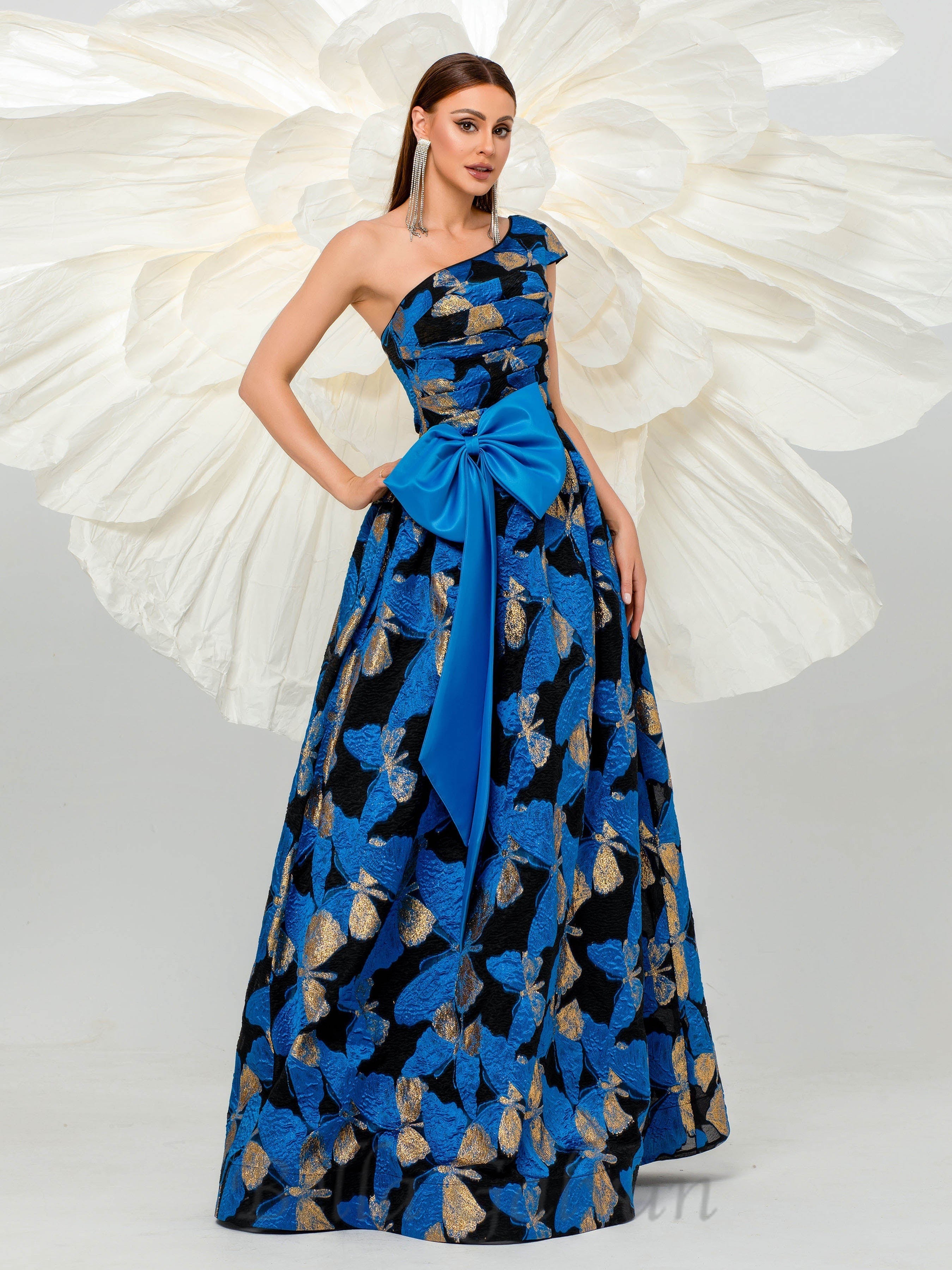 Flowering Girl Women Pleated Jacquard Bow Floral A-line Dress