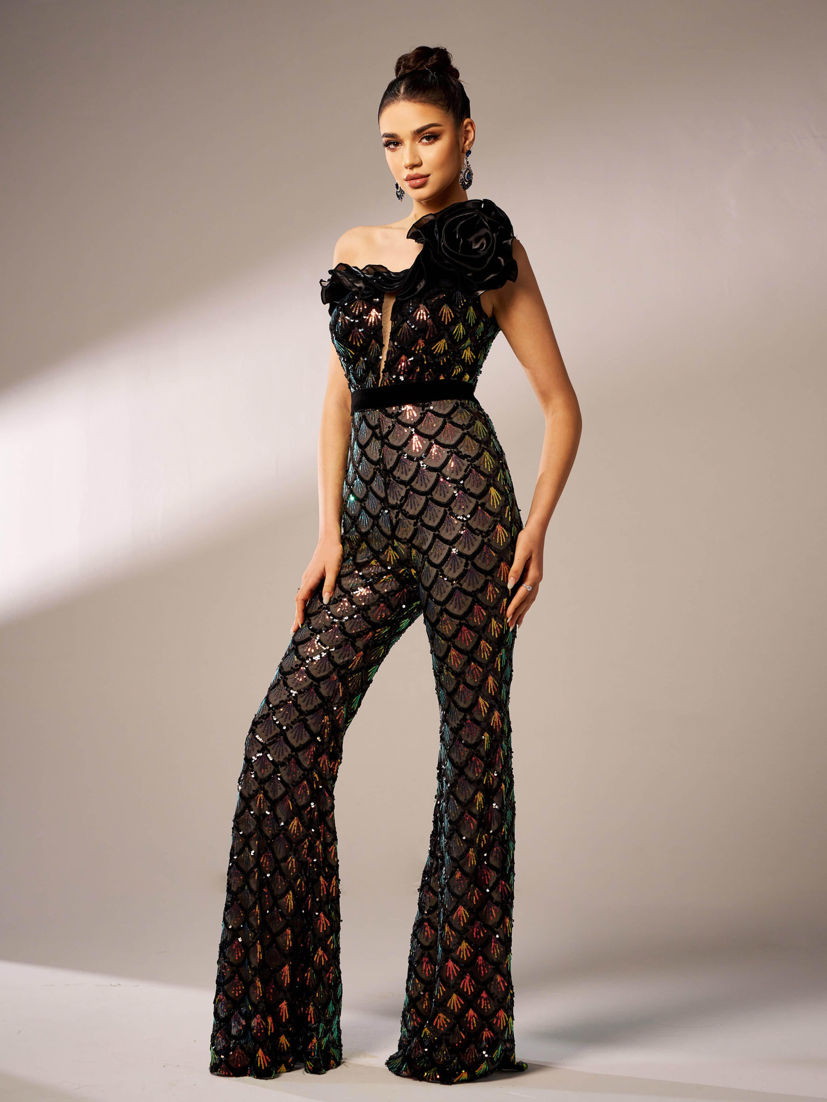 Flowering Girl Women Mermaid Scale Floral One-Shoulder Sequin Jumpsuit