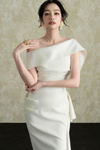 Flowering Girl Women Arene Sheath Diagonal Neck Spandex Midi Dress