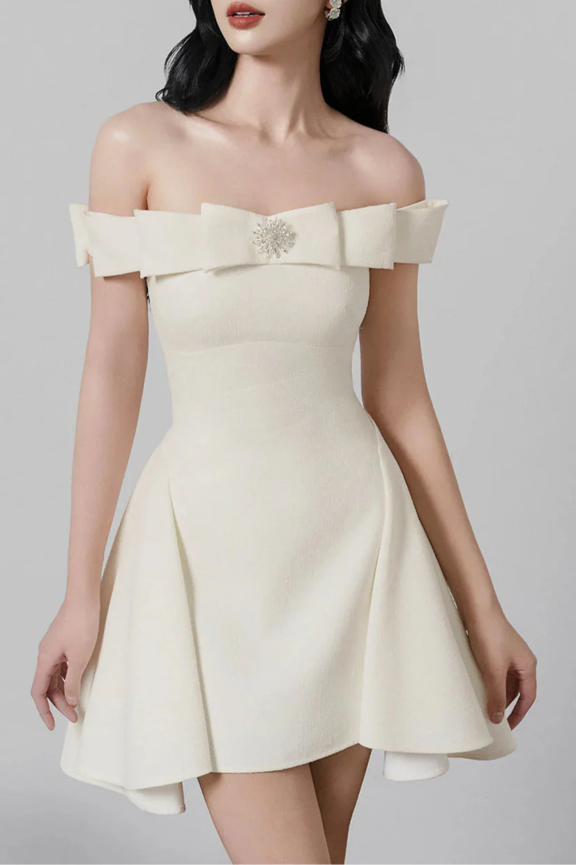 A-Line Open Shoulder Tweed Mini Dress