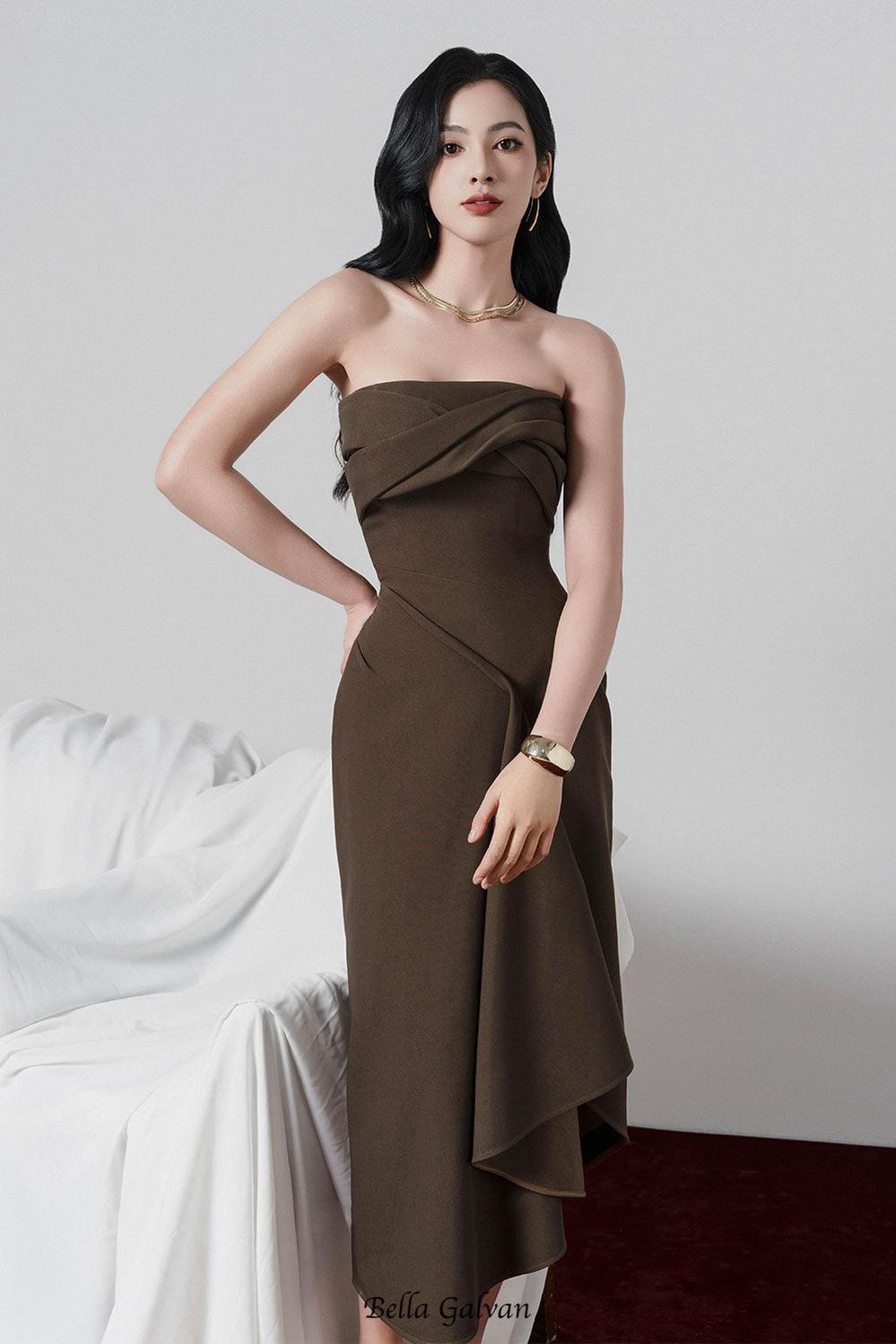 Flowering Girl Women adelaide Strapless Asymmetric Midi Dress in brown