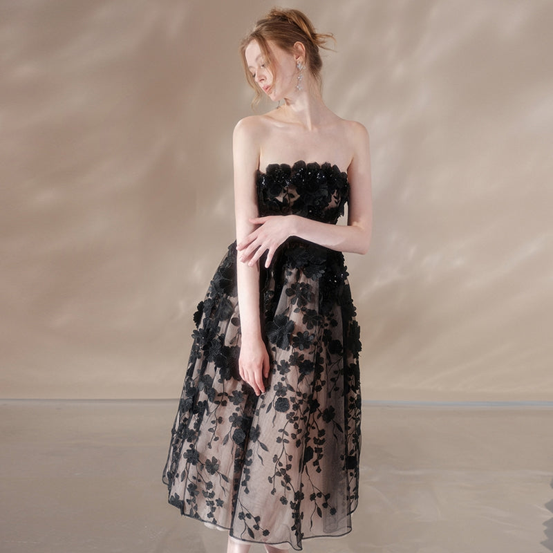 Flowering Girl Women anna crystal floral embroidery midi dress in black