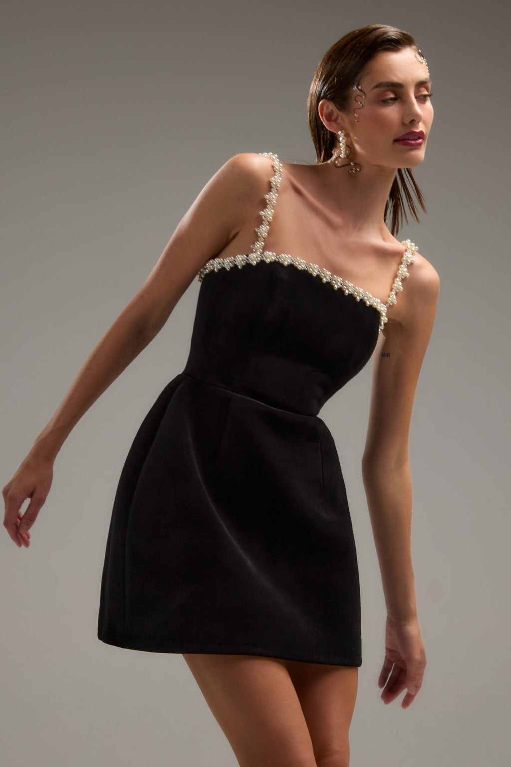 Flowering Girl Women pearl embellished strap mini dress in black