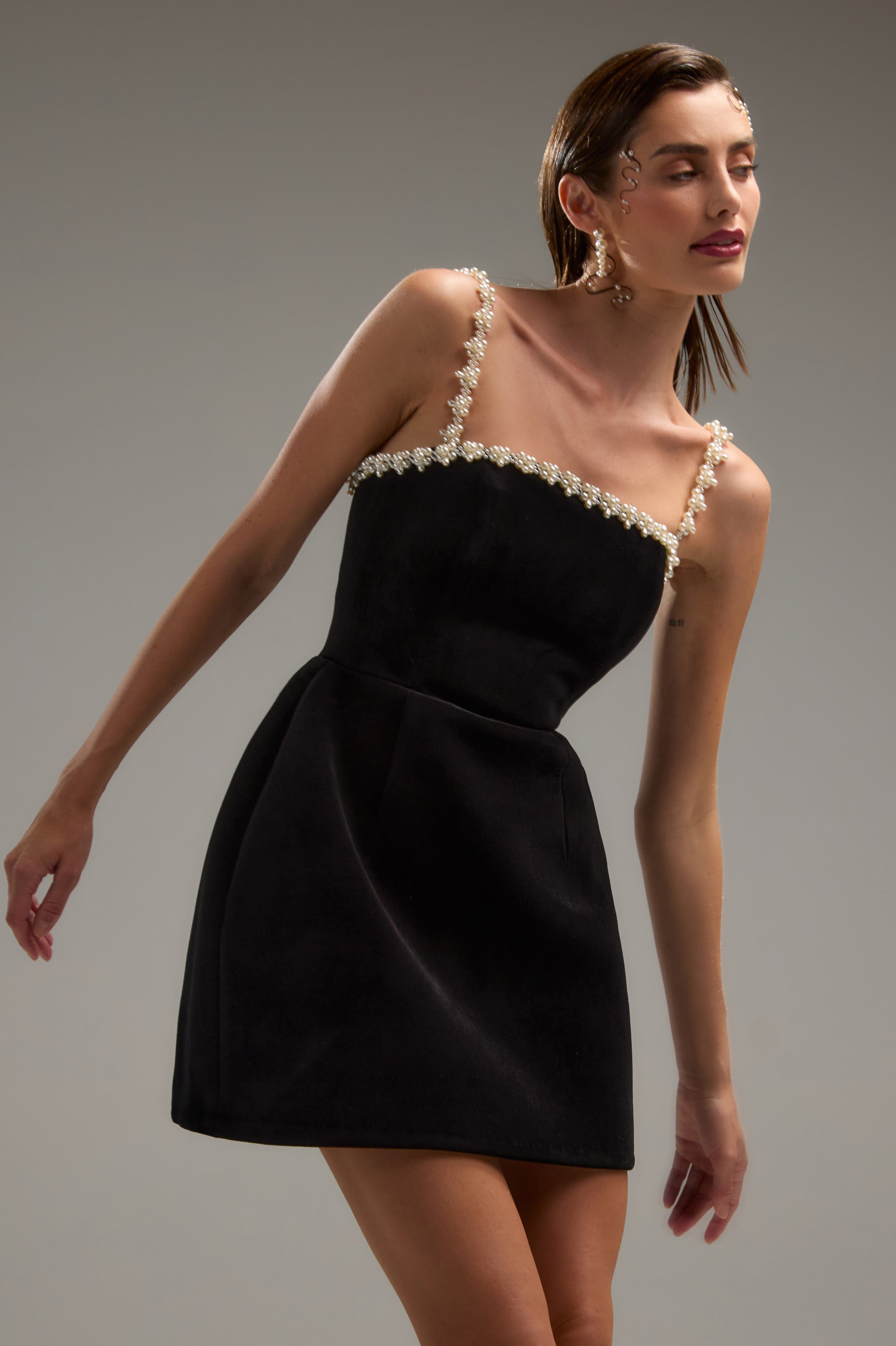 Flowering Girl Women pearl embellished strap mini dress in black