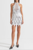 setlla Shimmering Sequin Cutouts Feathers Mini Dress - Silver