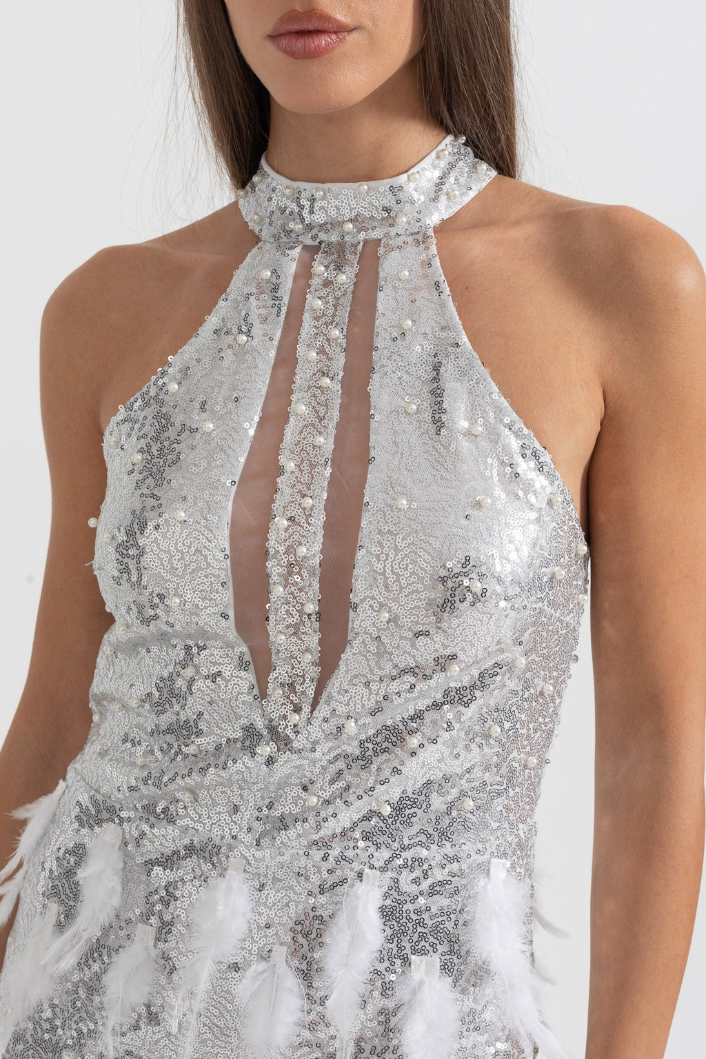 setlla Shimmering Sequin Cutouts Feathers Mini Dress - Silver