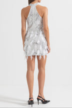 setlla Shimmering Sequin Cutouts Feathers Mini Dress - Silver