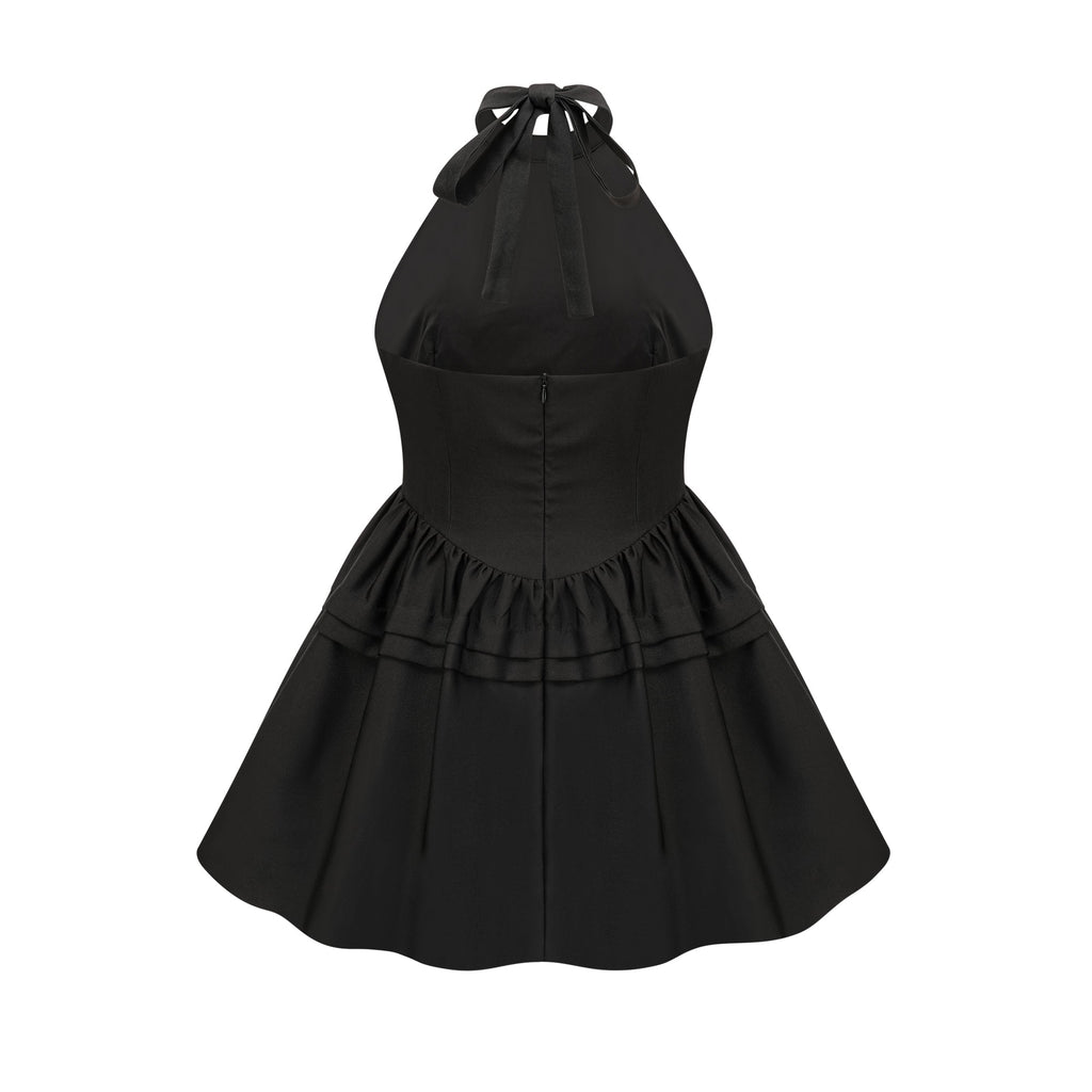 Flowering Girl Women Floral Appliqué Halter Neck Mini Dress In Black