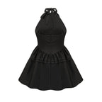 Flowering Girl Women Floral Appliqué Halter Neck Mini Dress In Black