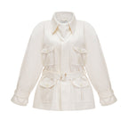 Flowering Girl Women Collared Long Sleeve Belted Cargo Pocket Mini Field Jacket