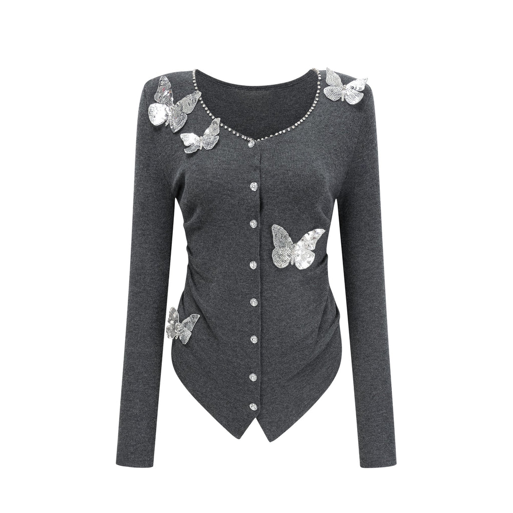 Flowering Girl Women Anastasie Grey Sequined Butterfly-Motif Cardigan