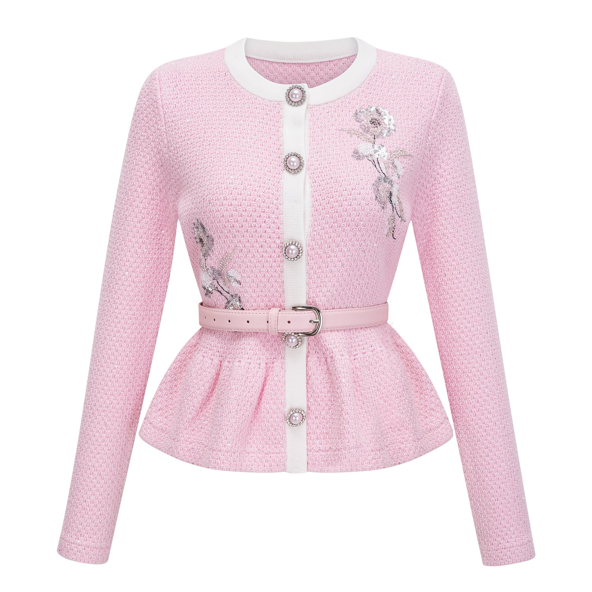 Shirley Sequined Knit Cardigan & Skirt Set - Pink