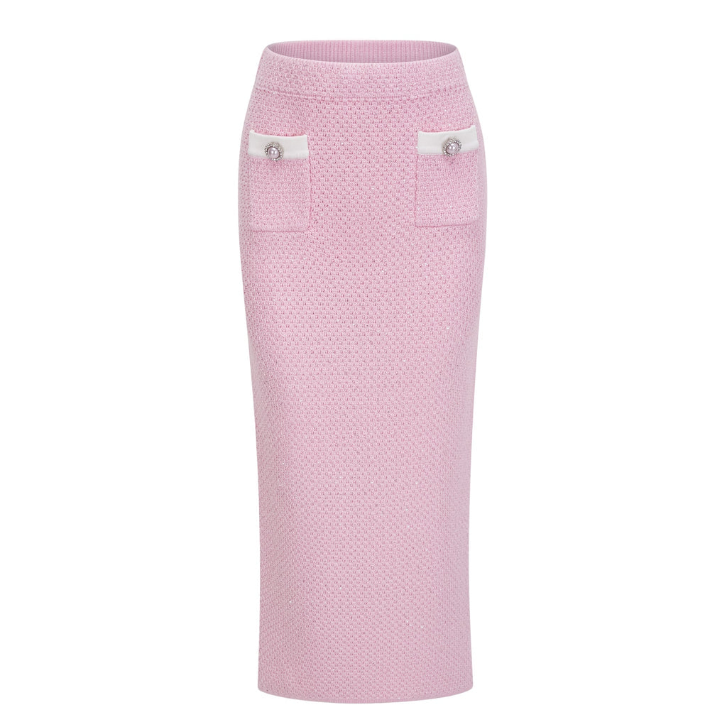 Shirley Sequined Knit Cardigan & Skirt Set - Pink