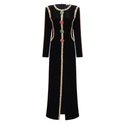 lydia Black Crystal Embellished Front Slit Maxi Dress