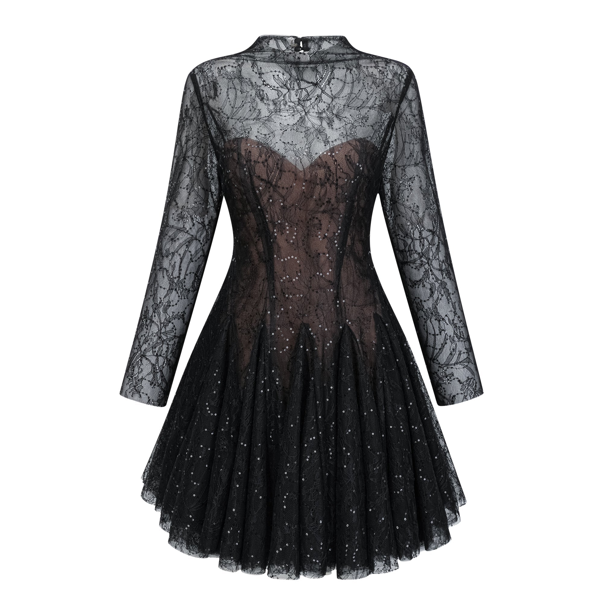 Flowering Girl Women Black Sheer Lace High Neck Long Sleeve Tulle Mini Dress