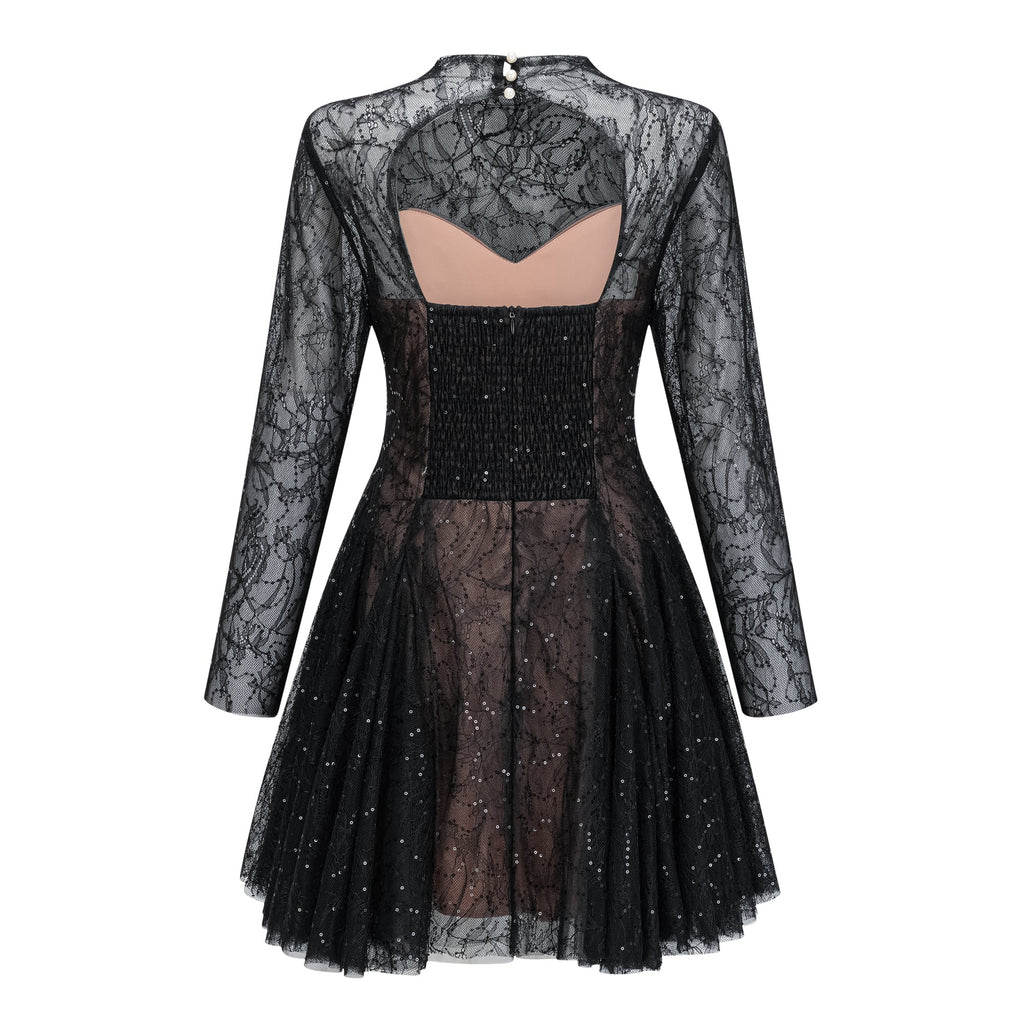 Flowering Girl Women Black Sheer Lace High Neck Long Sleeve Tulle Mini Dress