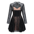 Flowering Girl Women Black Sheer Lace High Neck Long Sleeve Tulle Mini Dress