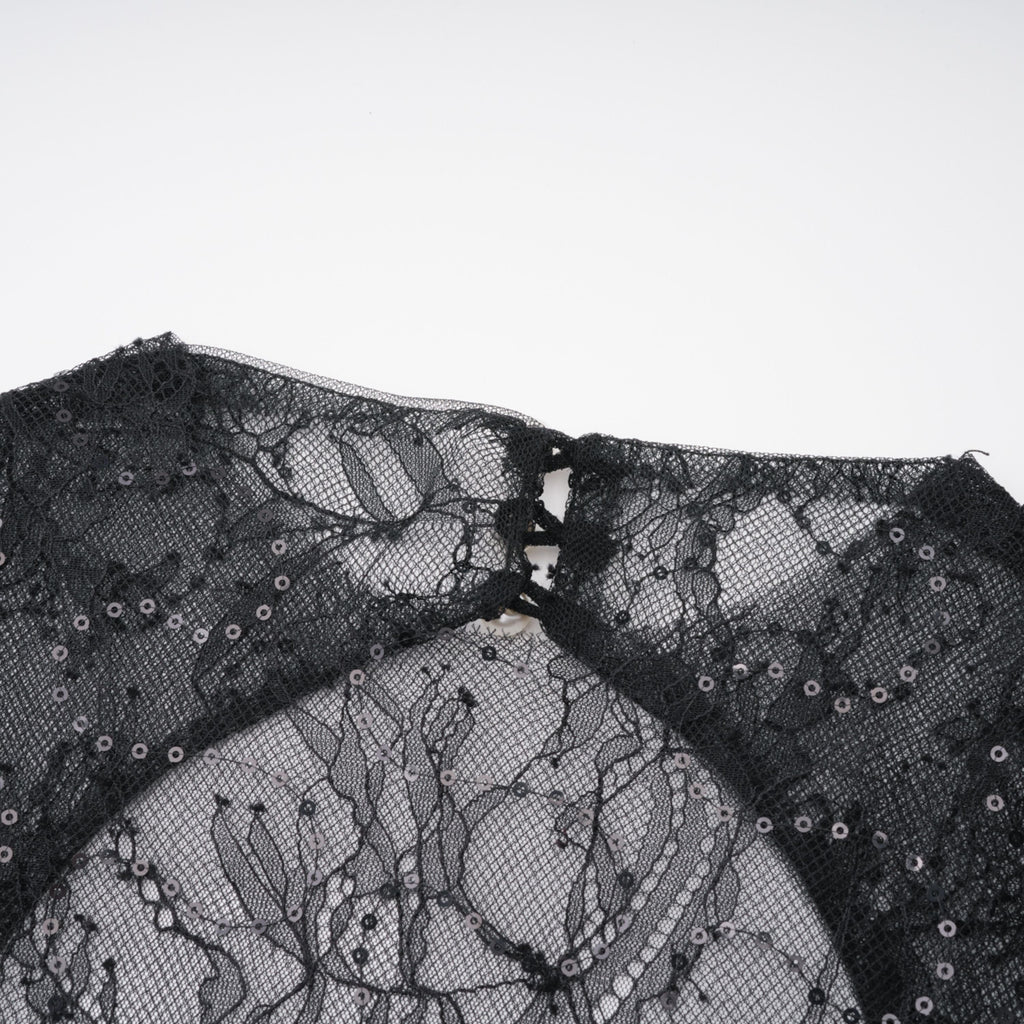 Flowering Girl Women Black Sheer Lace High Neck Long Sleeve Tulle Mini Dress