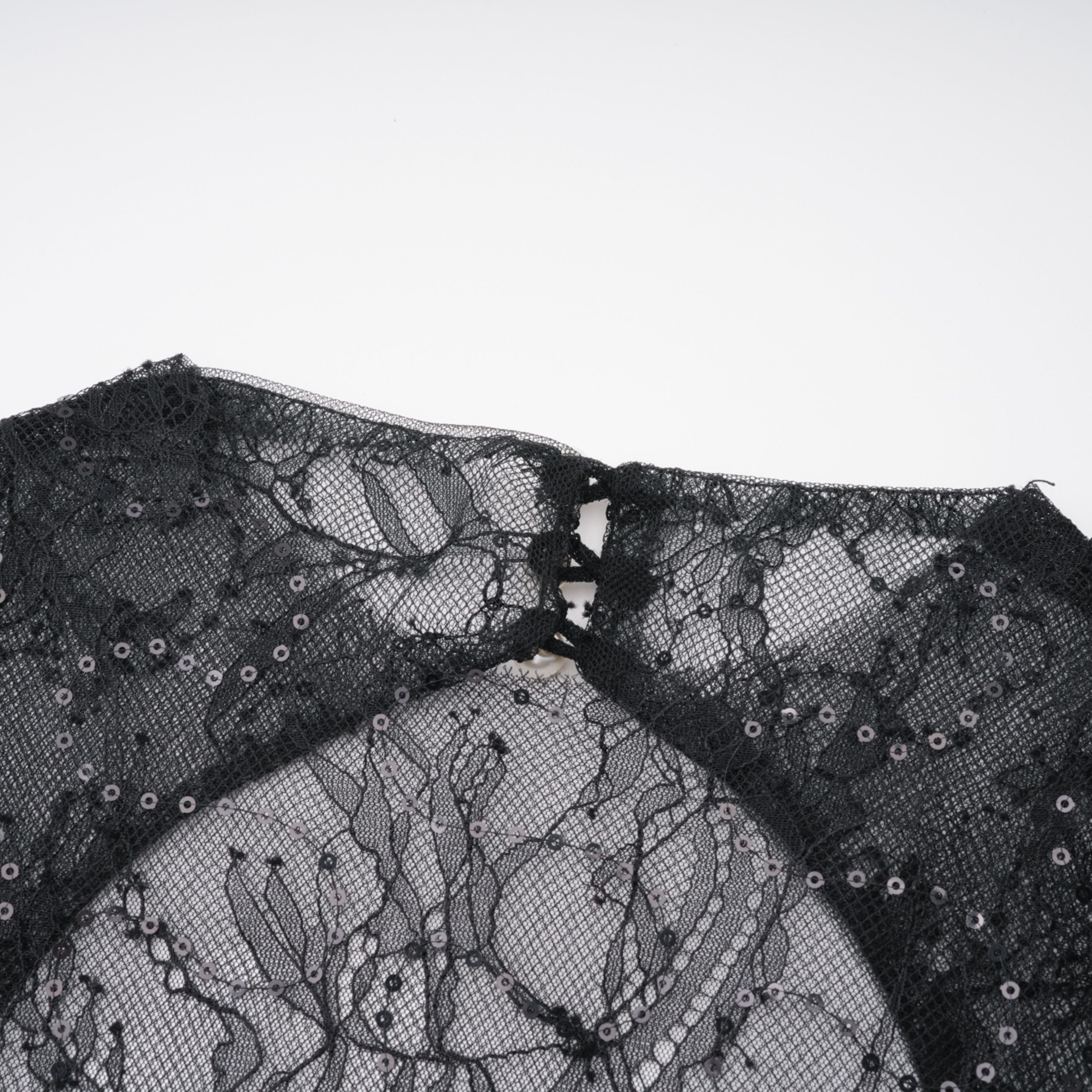 Flowering Girl Women Black Sheer Lace High Neck Long Sleeve Tulle Mini Dress