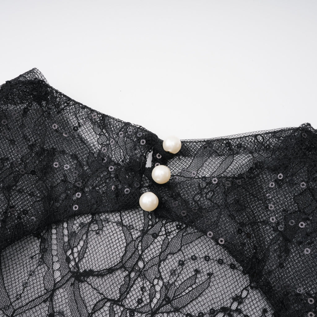 Flowering Girl Women Black Sheer Lace High Neck Long Sleeve Tulle Mini Dress