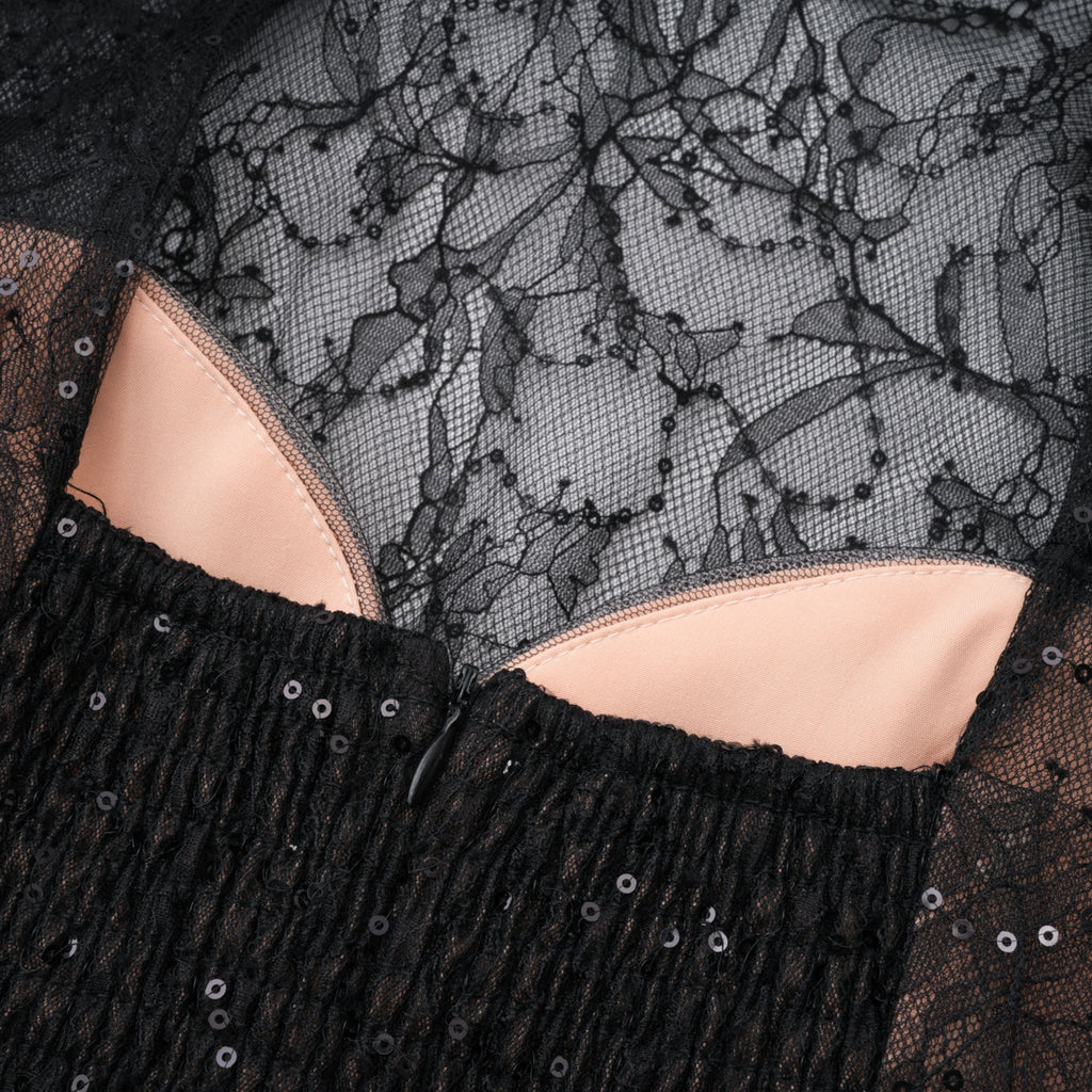 Flowering Girl Women Black Sheer Lace High Neck Long Sleeve Tulle Mini Dress
